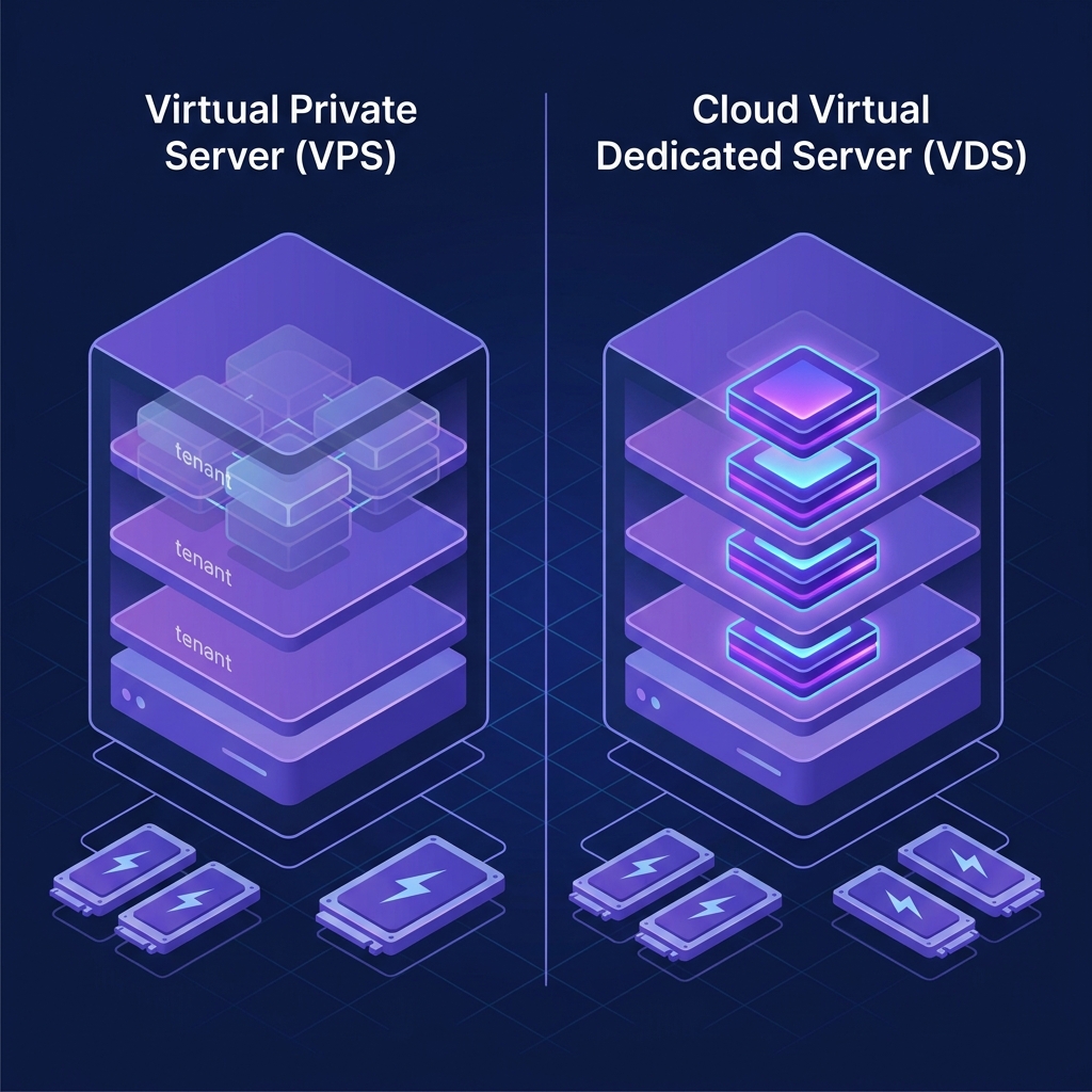 Cloud VDS vs VPS comparison — dedicated physical cores vs shared vCPU illustration