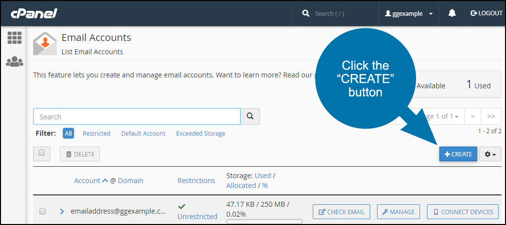 cpanel create new email account